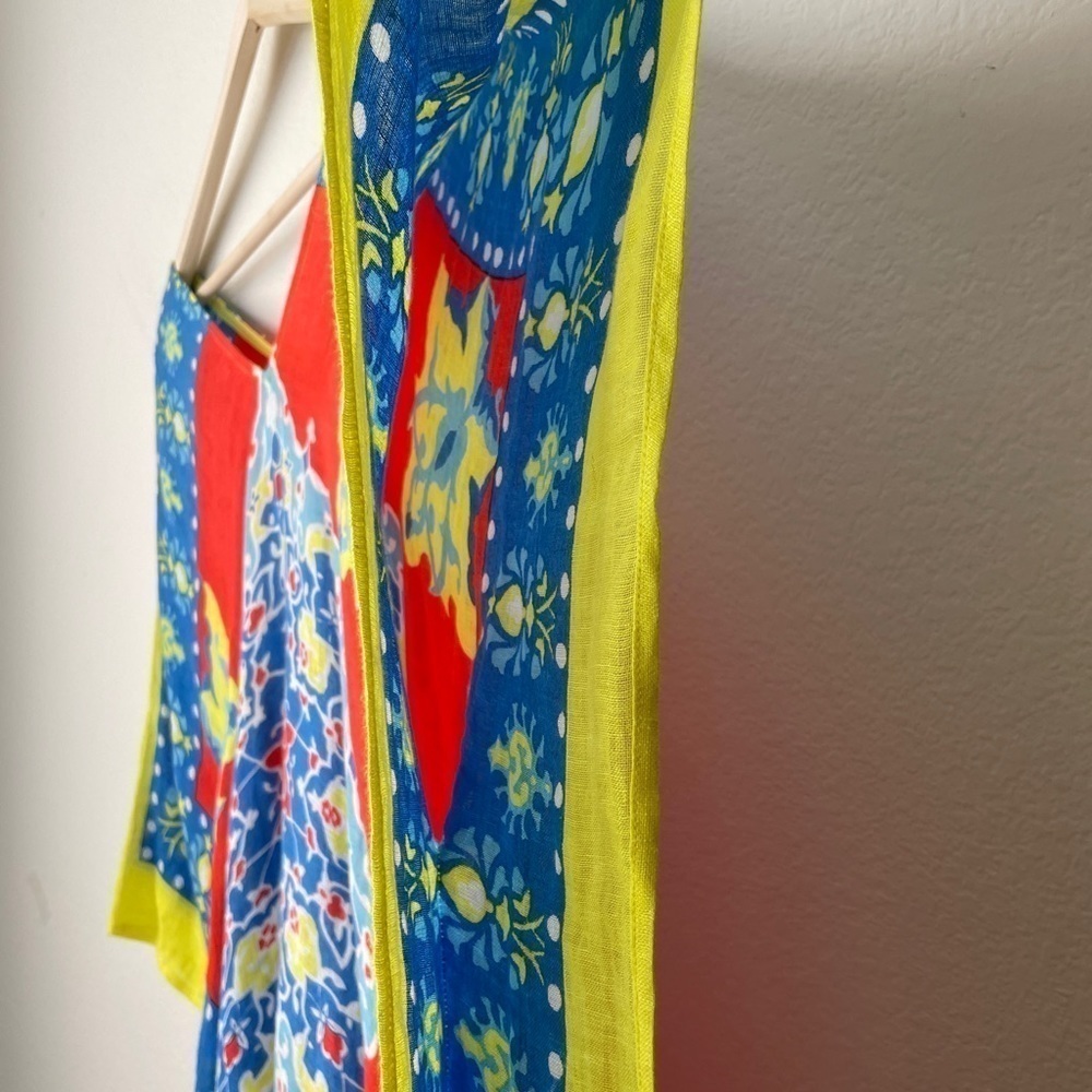 J. McLaughlin Yellow Blue Red Linen Blend Beach Cover Up Tunic Popover Kaftan - Picture 9 of 11
